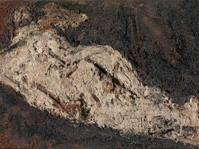Abstract painting of nude form lying down on side facing away from viewer.