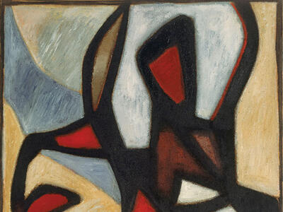 Abstract painting featuring thick lines and blocks of color.