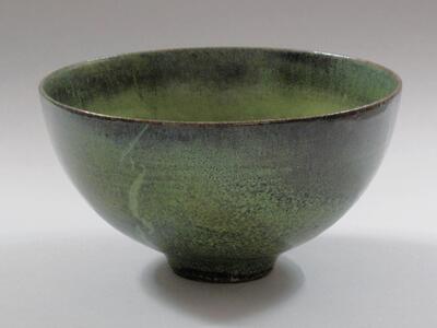 Apple Green Reduction Fired Glaze with Melt Fissures, Earthenware Earthenware bowl.