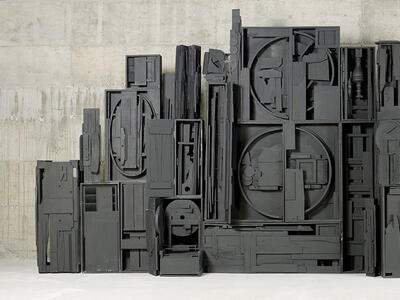 Wooden monument of vertical rectangles and circles.