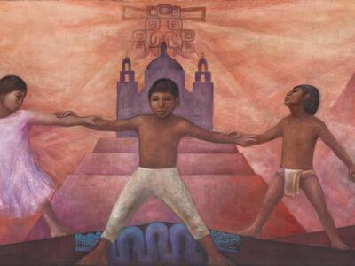 Mural featuring children holding hands, interspersed with adult figures, with modern city in background on left, ornate temples and mountains in background in center, and temples with cultic figures in background on right. 