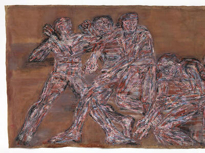 Abstract painting depicting figures morphing into one another during battle.