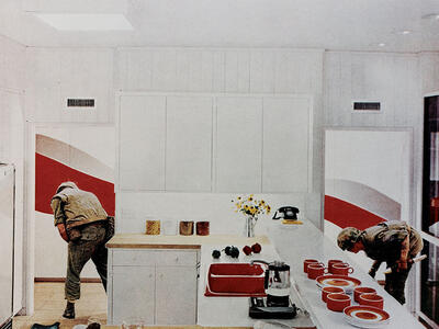 Photomontage depicting two soldiers surveying terrain outside the back of a modern kitchen, with cookware and mugs set out on the countertop and several stools along counter.