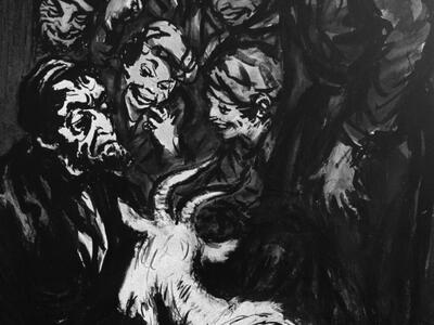 Drawing of people gathered around goat.