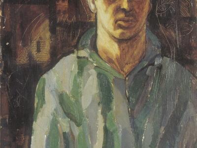 Portrait painting of a man standing in front of bars.