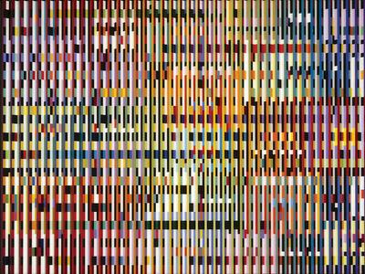 Three-dimensional abstract artwork, with patchy, multicolored narrow grids.