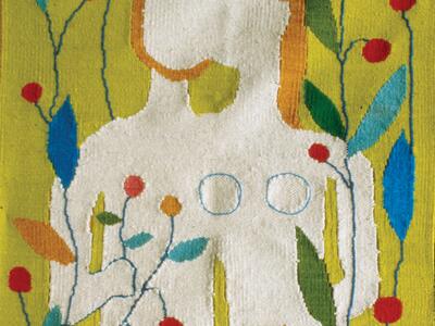 Abstract weaving depicting nude man and woman with long hair surrounded by plant life.