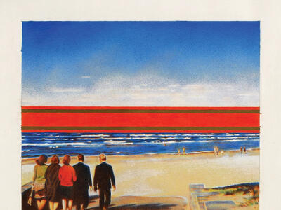 Painting depicting three women and two men walking toward the ocean, away from the viewer, into bright horizon.