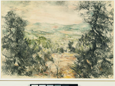 Charcoal, crayon, and pencil drawing of landscape filled with trees on other side of the foreground and hills in background.
