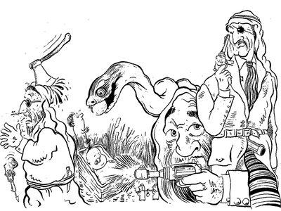 Drawing of two figures holding guns, next to a snake, a baby in a crib, and a man with an axe in his head. 