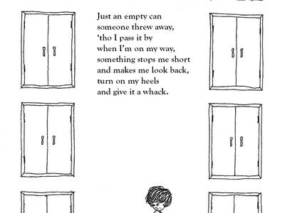 Drawing of child and can on the ground surrounded by border of many double doors, and English text in center. 
