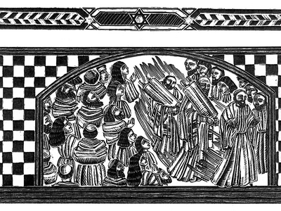 Drawing of crowd of people, with two figures holding Torah scrolls in the center, all surrounded by a checkered border. 
