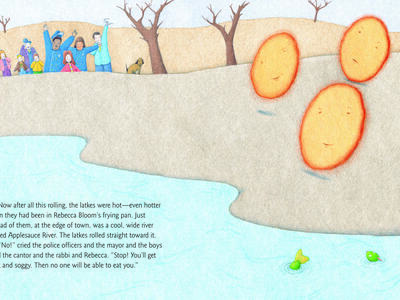 Drawing of people on a hill waving their arms as two round objects roll away smiling and English text along the bottom about latkes rolling toward the river.