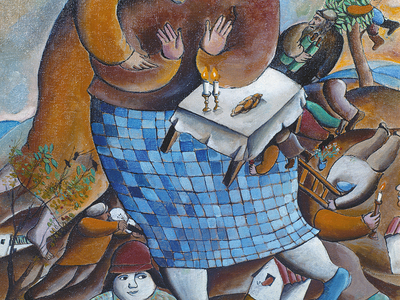 Abstract painting featuring a large woman being held in the air by an angel, waving her hands over floating table in front of her, with people, houses, and plants floating below her feet. 