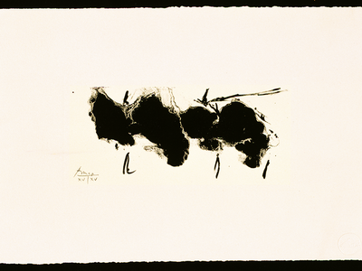 Painting featuring bold, irregular shapes in the center of canvas.