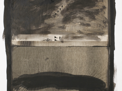 Abstract drawing depicting a small, sillhouetted human figure next to the word "artillery" in the middle and darker shaded bottom half with a car underneath.
