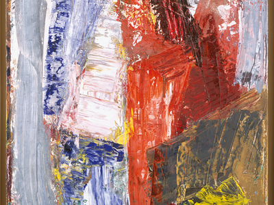 Abstract painting featuring wide brushstrokes of color. 