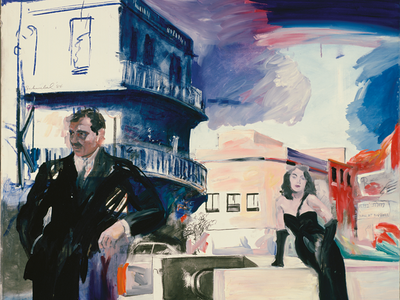 Painting depicting a man wearing suit and woman in evening gown in urban setting, with woman leaning against a low wall facing viewer and man standing in foreground with one arm resting on wall as he looks down the street away from the woman. 