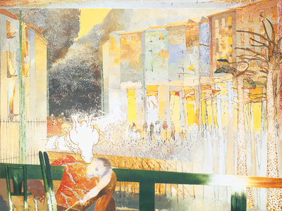 Painting of man with head down and arm draped over bar in front of buildings and a giraffe head leaning over the wall next to his cheek.
