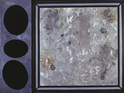 Abstract painting of three oval shapes on the left and butterflies amid thick brush strokes in a frame on the right. 