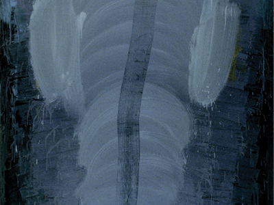 Abstract painting featuring thick brush strokes in the center with a straight vertical line through the center.
