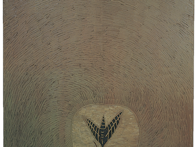 Painting featuring moth inside a circle at the bottom of canvas.