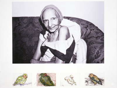 Photograph of older woman with head covering smiling at the camera, with small watercolor paintings of four birds below photograph.