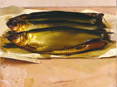 Painting of four fish on paper on a table. 