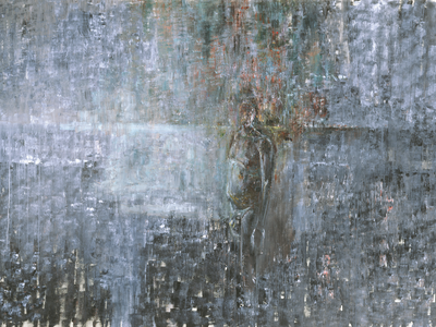 Abstract painting with thick brush strokes and a figure in the middle. 