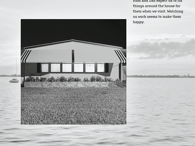 Photograph featuring lawn and awning over windows of house transposed over ocean; photograph of family with palm trees in background. 