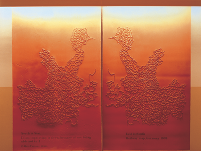 Two side-by-side maps made of neon lights and rubber.