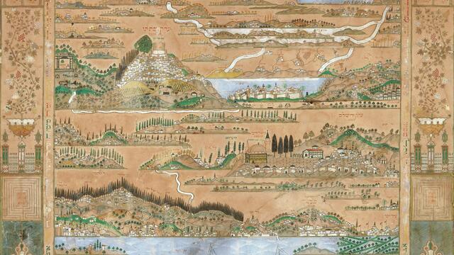 Drawing on paper of hills, water with boat, and buildings, with Hebrew text on top and border with vines and architectural elements.