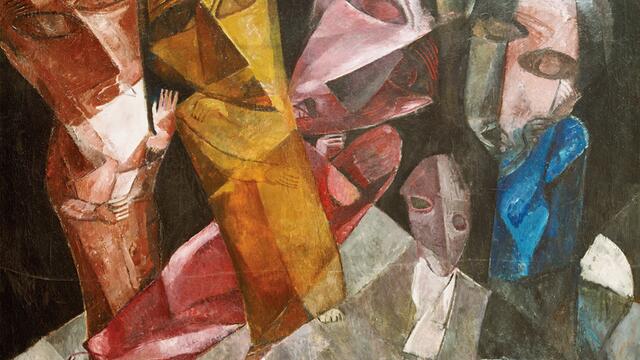 Painting of five figures with geometric heads and bodies.