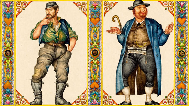 Illustration of two men, the simple son and the son who does not know to ask.