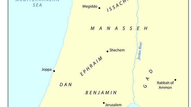 The Twelve Tribes of Israel Map of twelve tribes of Israel with English name labels.