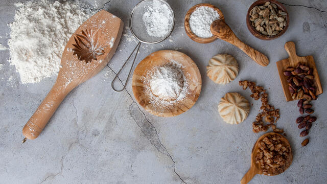 Cookies, ingredients, and molds for baking