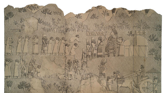 Relief of figure on throne with procession of people under canopy in front of him.