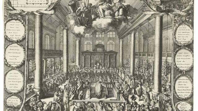 Print depicting crowded interior of room with tall ceiling, chandelier, and columns and second floor balcony along perimeter of room, a floorplan in the upper left corner and an exterior view in the upper right corner.