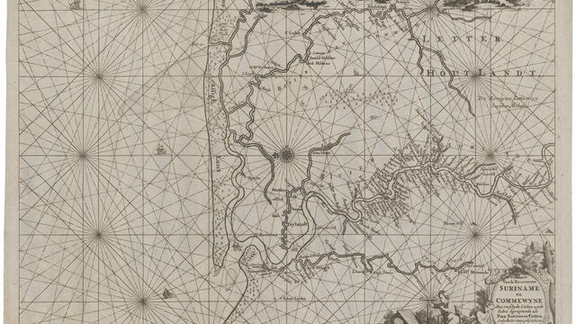 Map depicting rivers and settlements, an image of a large building with a waterwheel, and an image of small huts with palm trees at the top and two cherubs with Dutch text. 