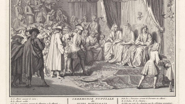 Kiddushin and Wedding Ceremony Two-panel drawing, the top of many people in interior room, some seated on right side under canopy, and the bottom of many people outside with a central figure with veil.