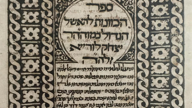 Manuscript page with Hebrew text in middle surrounded by border of geometric shapes.