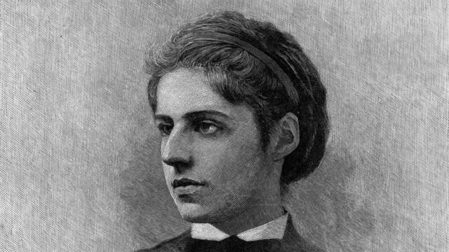 Engraved half-length portrait of woman facing left.