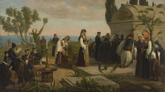 Painting of travelers surrounding tomb.