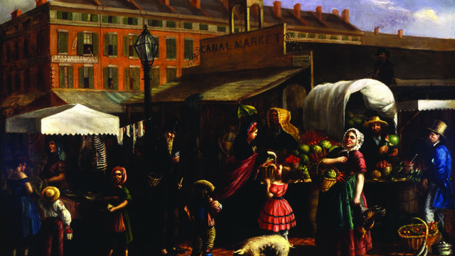 Painting of animals, men, women, and children at a street market with vendors. 