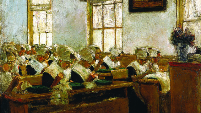 The Dutch Sewing School Painting of women seated at rows of desks sewing.