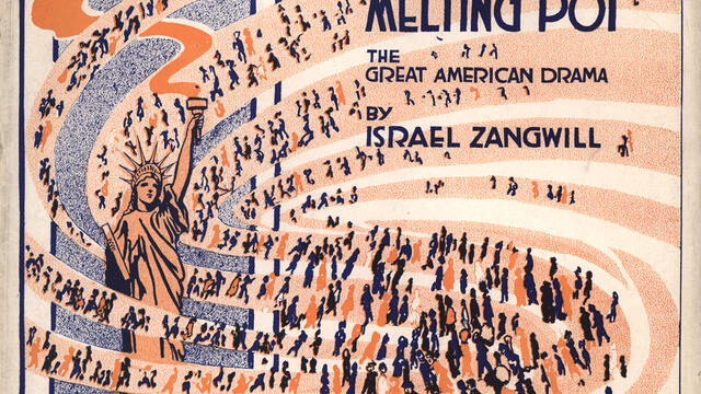 Page with English title and image of crowd of people emerging from a pot next to the Statue of Liberty.