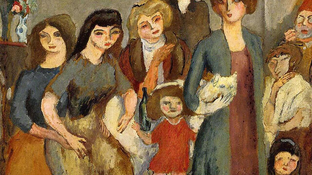 Painting of several women facing viewer, and cherub overhead.