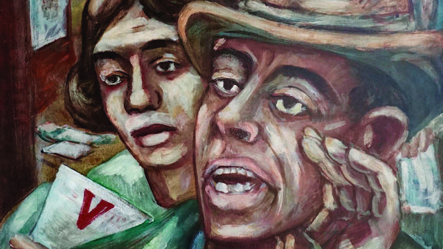 Painting of men and women calling out and waving leaflets with the letter "V" on them. 