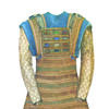 Drawing of outfit consisting of a linen embroidered apron with hem made of alternating pomegranates and bells, undershirt, and breastplate with twelve stones in center. 