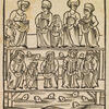 Print image of two rows of people in front of river with fish in it.